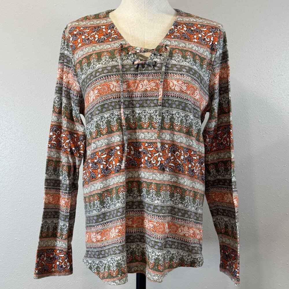 Boho Style Long Sleeve Top Womens M Lace-Up Multicolor Striped Floral Ruff Hewn